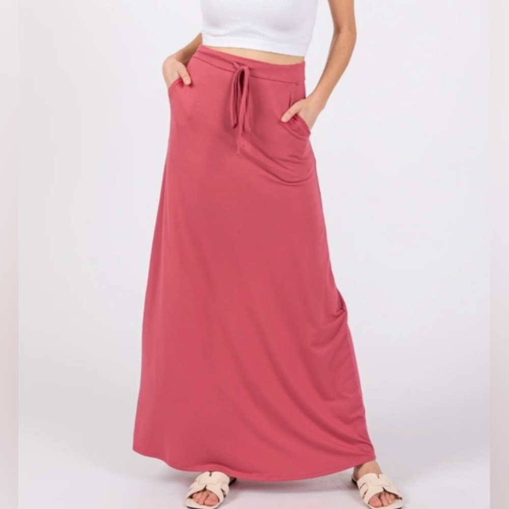 🟠NWT ZENANA Maxi Skirt w/Drawstring Waist and Pockets in Rose XL